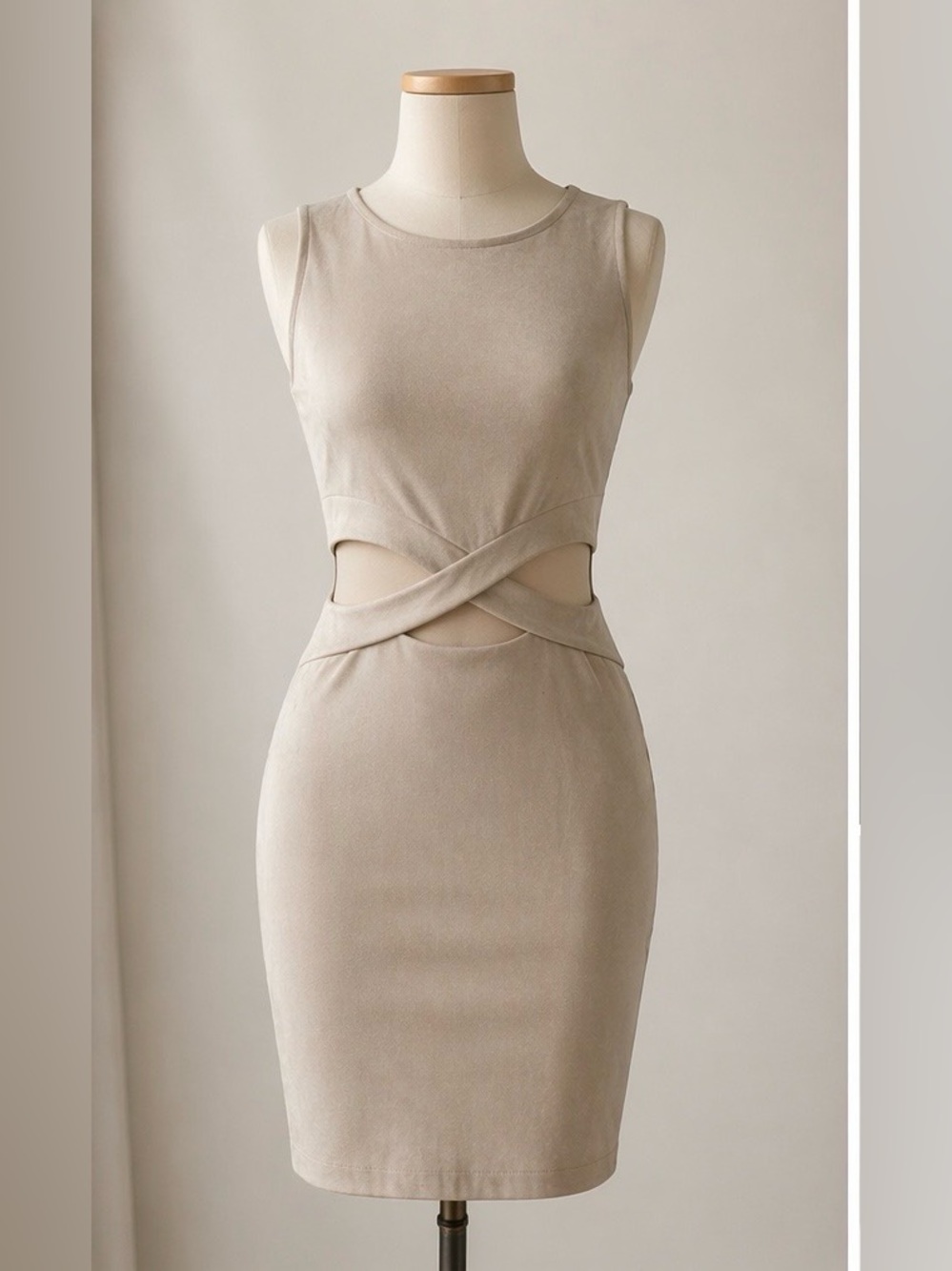 Beige dress with a low neckline